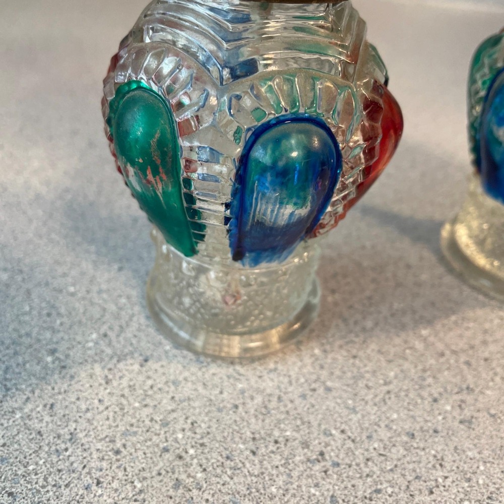 Pair of Vintage Mini Glass Oil Lamps Red Cranberry Chimney Hand Painted Pair - Picture 6 of 13